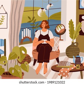 Young woman sitting and relaxing in armchair with letter at cozy home. Female character resting in modern living room. Slow life and time for yourself concept. Colored flat vector illustration