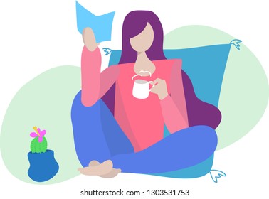 Young woman sitting and relaxing in her living room drinking coffee or tea,.Vector illustration cartoon character