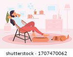 Young woman sitting and relaxing on a retro chair in her living room at home and cute dog sleeping on the floor next to a girl feet. Resting at home concept. Vector illustration flat style