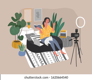 Young woman sitting in scandinavian style interior and creating content for blog. Teaching through internet or review book, tutorial or webinar. Blogging or vlogging. Cartoon vector