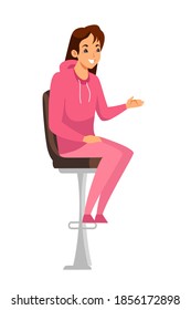 Young woman sitting and showing something. Happy smiling girl sitting on chair high up, talking, waiting and pointing with hand vector illustration. Female on white background.