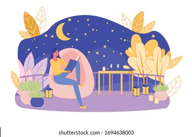 Young Woman Sitting In Soft Chair Bag In Relaxed Free Posture And Reading Book. Romantic Night Atmosphere On Home Terrace. Dark Starry Sky With Young Moon. Lamp And Candles Light. Vector Illustration