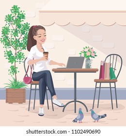 Young woman sitting in street cafe. Pretty girl drinks coffee and works on  laptop computer. Vector flat illustration.