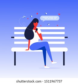 Young woman sitting in the street and chatting. Flat modern design of social networking and texting to friends. Vector illustration of the man chatting with people using phone.
