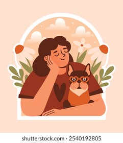 Young woman sitting, supporting head with your hand with closed eyes and holding her dog, french bulldog in eyeglasses among plants and flowers. Cute clip art for card in window frame. 