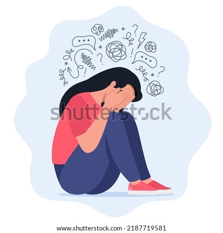 Young woman is sitting surrounded by stream of thoughts, chaos in head. Mental disorder, anxiety, depression, stress, headache. Dizziness, sad, anxious thoughts, emotional burnout. Vector