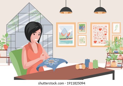 Young woman sitting at the table in armchair and sewing vector flat illustration. Female character embroidering on canvas in cozy living room. Manual labor, needlework, domestic craft hobby concept.