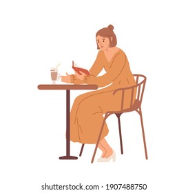 Young woman sitting at table in cafe, reading book and drinking coffee. Colored flat vector illustration isolated on white background