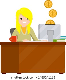 Young woman sitting at table with computer and monitor. Gold coin. Online earnings and purchase. Salary of freelancer and programmer. Cartoon flat illustration