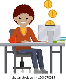 Young woman sitting at table with computer and monitor. Gold coin. Online earnings and purchase. Salary of freelancer and programmer. Cartoon flat illustration. African american girl