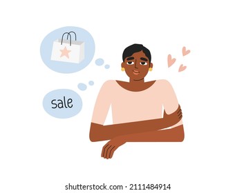 Young woman sitting at a table and dreaming of buying different things. Shopping, purchases, sale, shopaholic. Vector illustration.
Dreams, expectations, plans, future, happiness concept.