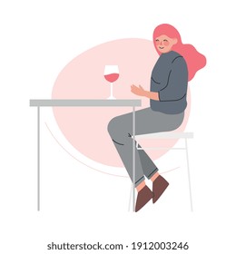 Young Woman Sitting at Table and Drinking Red Wine Cartoon Style Vector Illustration