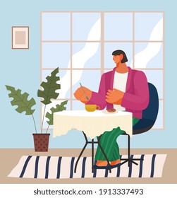 Young woman sitting at a table eating donut drinking coffee. Female character having brunch in a restaurant with sweet dessert and tea. Girl in a cafe, business lunch in a fashionable establishment