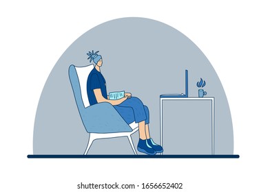 Young woman sitting at the table. Female character using her laptop for online interactive communication. Girl wearing in casual clothes talking with her friend with computer. Vector illustration. 