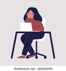 Young woman is sitting at the table with laptop and thinking about something. Girl is smiling with a good idea and dreaming. Vector character illustration