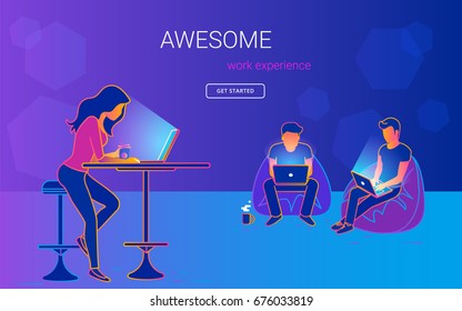 Young woman sitting at the table with laptopn and talking and working with her male friends in the open space office. Gradient line vector illustration of creative people working together