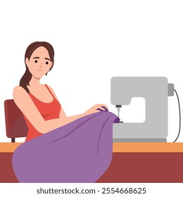 Young woman sitting at the table with a sewing machine. Flat vector illustration isolated on white background