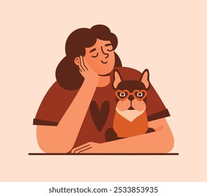 Young woman sitting at the table supporting head with your hand with closed eyes and holding her dog, french bulldog in eyeglasses. Cute cartoon clip art for card, banner, sticker. Flat Design.