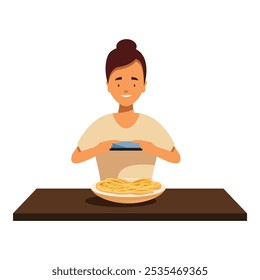 Young woman is sitting at the table and taking a photo of her lunch with her smartphone