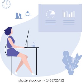 Young woman sitting at the table and talking about information on a flipchart that visualizes a graph and diagram. Creative business concept. Office interior. Modern vector illustration. Flat design