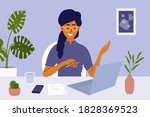 Young woman sitting at table working or studying using laptop. Job interview, online employment. Video call or networking, business talking to colleagues. Workplace, home office vector illustration