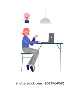 Young Woman Sitting at the Table and Working with Laptop in Office, Business Character Vector Illustration