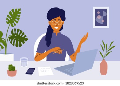 Young woman sitting at table working or studying using laptop. Job interview, online employment. Video call or networking, business talking to colleagues. Workplace, home office vector illustration