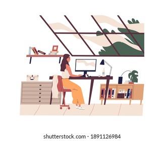 Young woman sitting at table and working or studying online at computer in modern comfortable home office during quarantine. Everyday working routine of freelancer. Flat vector illustration isolated