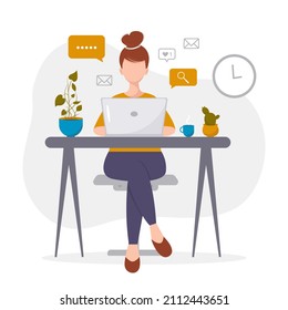 Young woman sitting at the table and working on laptop. Home office, workplace, online learning concept. Vector illustration in flat style.
