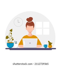 Young woman sitting at the table and working on laptop. The concept of remote work in quarantine, online training, home office. Vector illustration in flat style.
