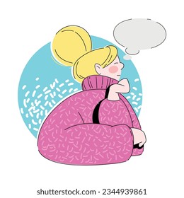 Joven sentada y pensando con una ilusión vectorial de burbujas de pensamiento vacío