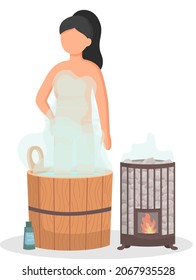 Young woman sitting in tub washing her body in sauna. Bathhouse or banya. Girl in barrel is resting in sauna. Female character relaxing in hot steam. Wellness spa procedures in wooden water barrel