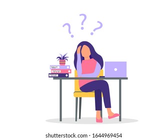 A young woman is sitting under question marks. Girl or woman surrounded by question marks. Woman is thinking in the workplace. Workplace with a laptop. Vector illustration on an isolated background.