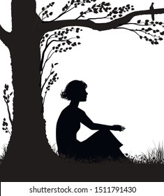 young woman is sitting under the tree in hot summer day, woman rest,  summer memories, black and white, vector