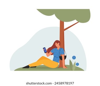 Young woman sitting under tree in summer city park with mobile phone, girl smiling vector illustration