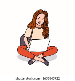 Young Woman Sitting use Laptop, working on laptop, Adorable Cartoon Character for Business or Education Concept - Flat Vector Illustration