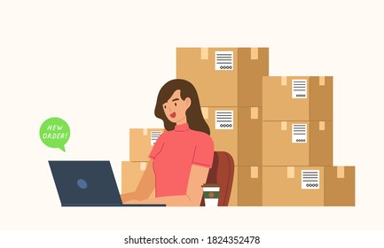 Young woman sitting and using laptop to sell products online with order packages waiting to deliver behind her. Concept of shopping online, e-commerce store, checking order. Flat vector illustration.