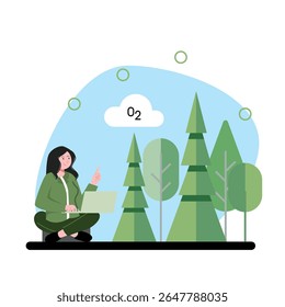 Young woman is sitting using a laptop in a stylized outdoor setting surrounded by green trees and an oxygen symbol floating above, creating an eco-friendly and nature-conscious atmosphere 