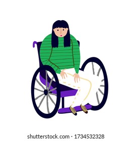 Young woman sitting in wheelchair isolated on white background. Smiling female. Colorful flat style drawing. Physical disability. Fun design. Stock vector illustration drawn by hand.