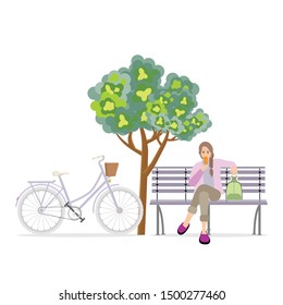Young woman sitting while eating an ice cream on a bench isolated on white. vector illustration.