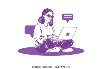 a young woman is sitting while holding a laptop to work or study online. a suitable illustration for the concept of online work, study, work from anywhere or freelance.
