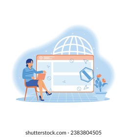Joven sentada en el trabajo. Usando información de búsqueda de ventanas web en la pantalla del portátil. Concepto de diseño web. ilustración plana vectorial moderna de tendencia