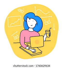 Young woman sitting and working on a laptop with a drink. Bright colourful illustration in cartoon style. Financial statistics on the background