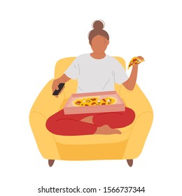 Young woman sitting in yellow armchair with pizza box on her lap, holding piece of pizza in one hand and changing channels on TV with remote. Flat trendy style.Vector illustration character icon.