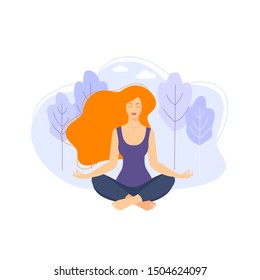 Young woman sitting in yoga lotus pose. Meditating girl illustration. Yoga woman, meditation, anti-stress people.