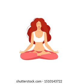 Young woman sitting in yoga lotus pose isolation on the white background. Meditating girl illustration. Yoga woman, meditation, anti-stress people.