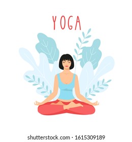 Young woman sitting in yoga lotus pose. Meditating girl illustration. Yoga woman, meditation, anti-stress people.