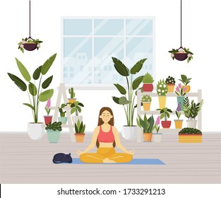 Young Woman Sitting In Yoga Lotus Pose And Meditating. Meditation Practice At Home With Cute Cat. Vector Illustration. Urban Jungle Concept, Room Full Of Green Potted Plants