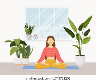 Young woman
sitting in yoga lotus pose and meditating. Meditation practice at home. Vector illustration. Urban jungle concept, room full of green potted plants