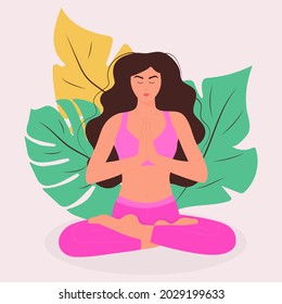 Young woman sitting in yoga lotus pose. Peaceful meditation girl on the background of beautiful leaves. Concept illustration for yoga, meditation, relaxation, healthy, anti-stress lifestyle.